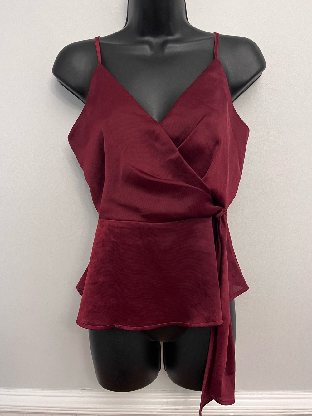 Lulus Mock Wrap Satin Camisole Top with Sash Tie, Size Small